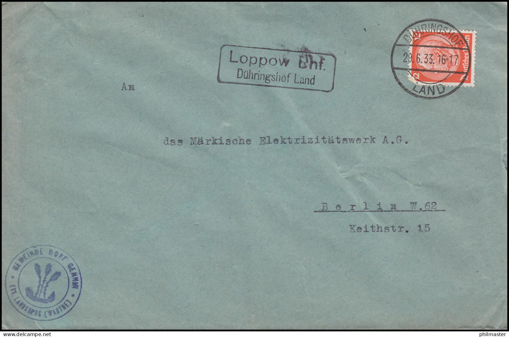 Landpost Loppow Bhf. Dühringshof Land 29..6.33 Auf Brief BS Gemeinde Dorf Gennin - Lettres & Documents