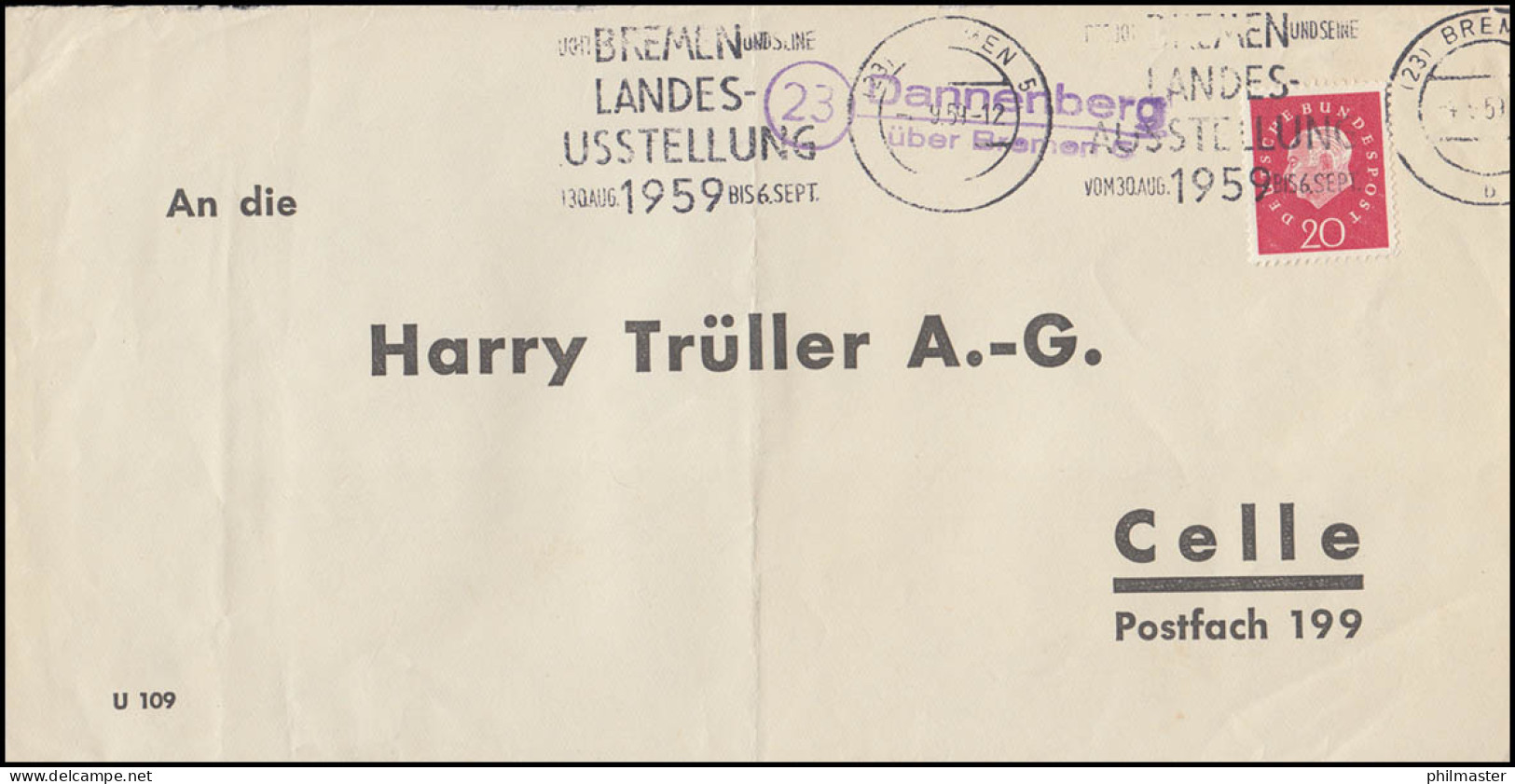 Landpost Dannenberg über Bremen 4.9.59 Bedarfserhaltung/senkrechter Briefbug - Otros & Sin Clasificación