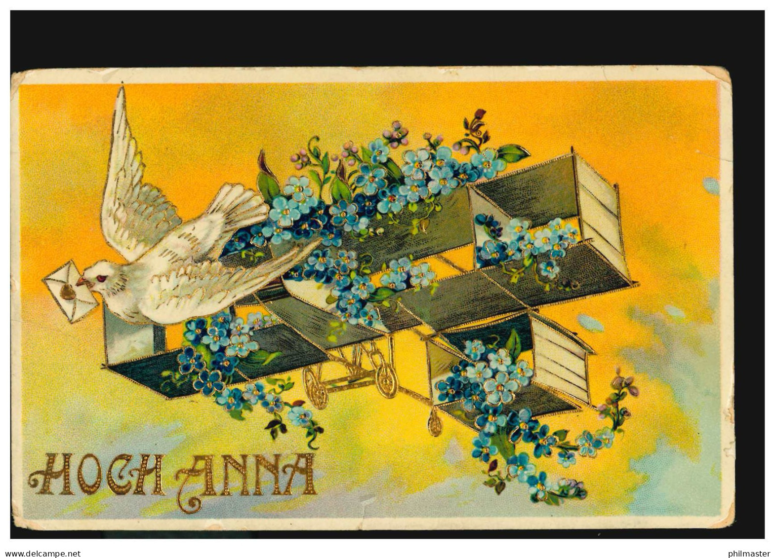 Ansichtskarte Vornamen: Hoch Anna! Flugzeug Veilchen Brieftaube, WIEN 1910 - Vornamen