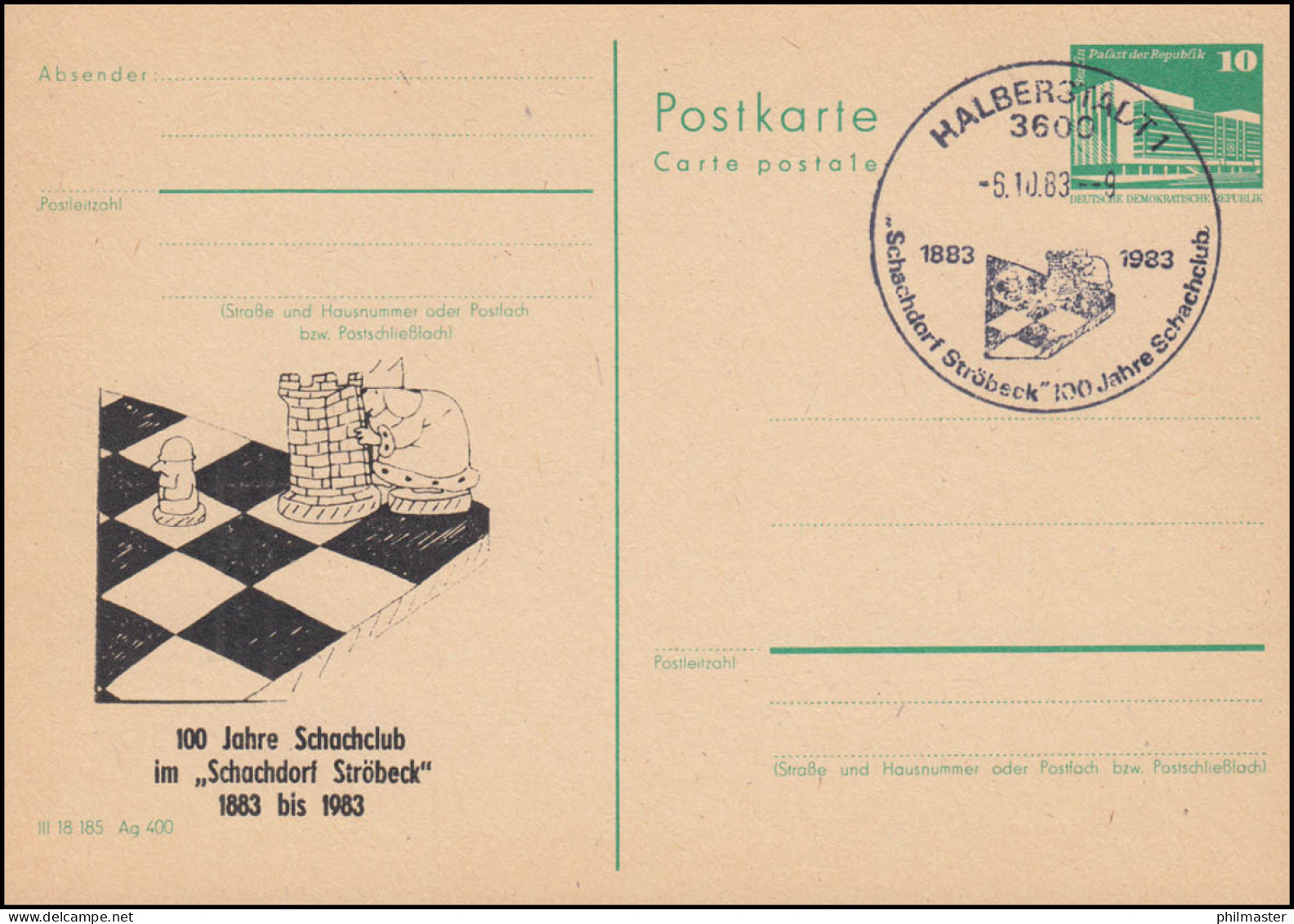 DDR P 79 100 Jahre Schachclub Im Schachdorf Ströbeck 1983, SSt HALBERSTADT 1983 - Sonstige & Ohne Zuordnung