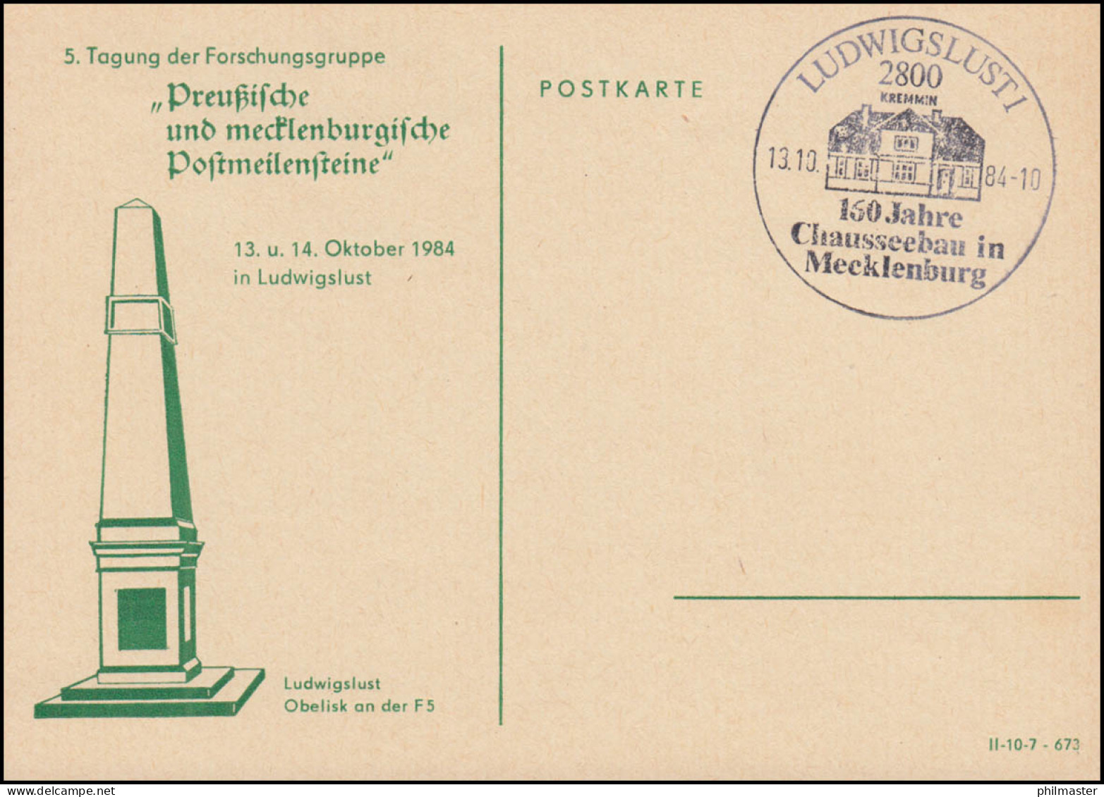 Sonderkarte Forschungsgruppe Postmeilensteine SSt LUDWIGLUST 13.10.1984 - Other & Unclassified