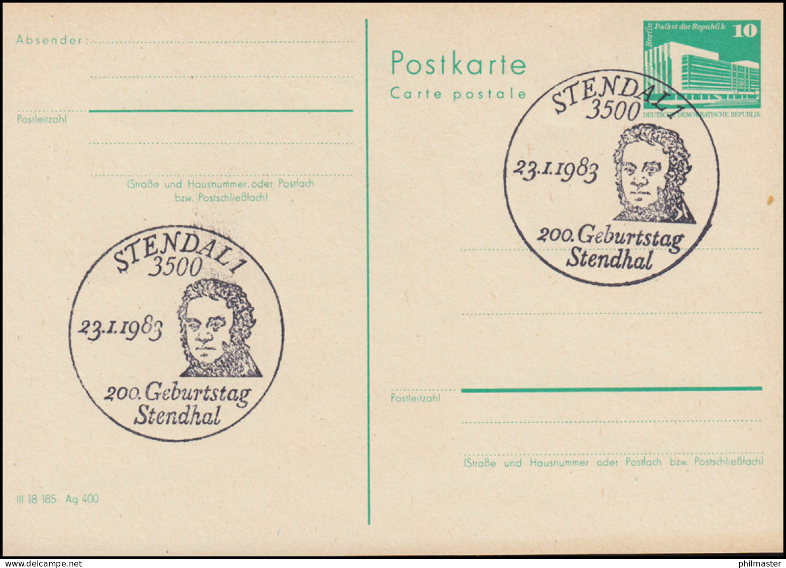 SSt 200. Geburtstag Stendhal STENDAL 23.11.1983 Auf DDR-Postkarte P 84 - Schrijvers