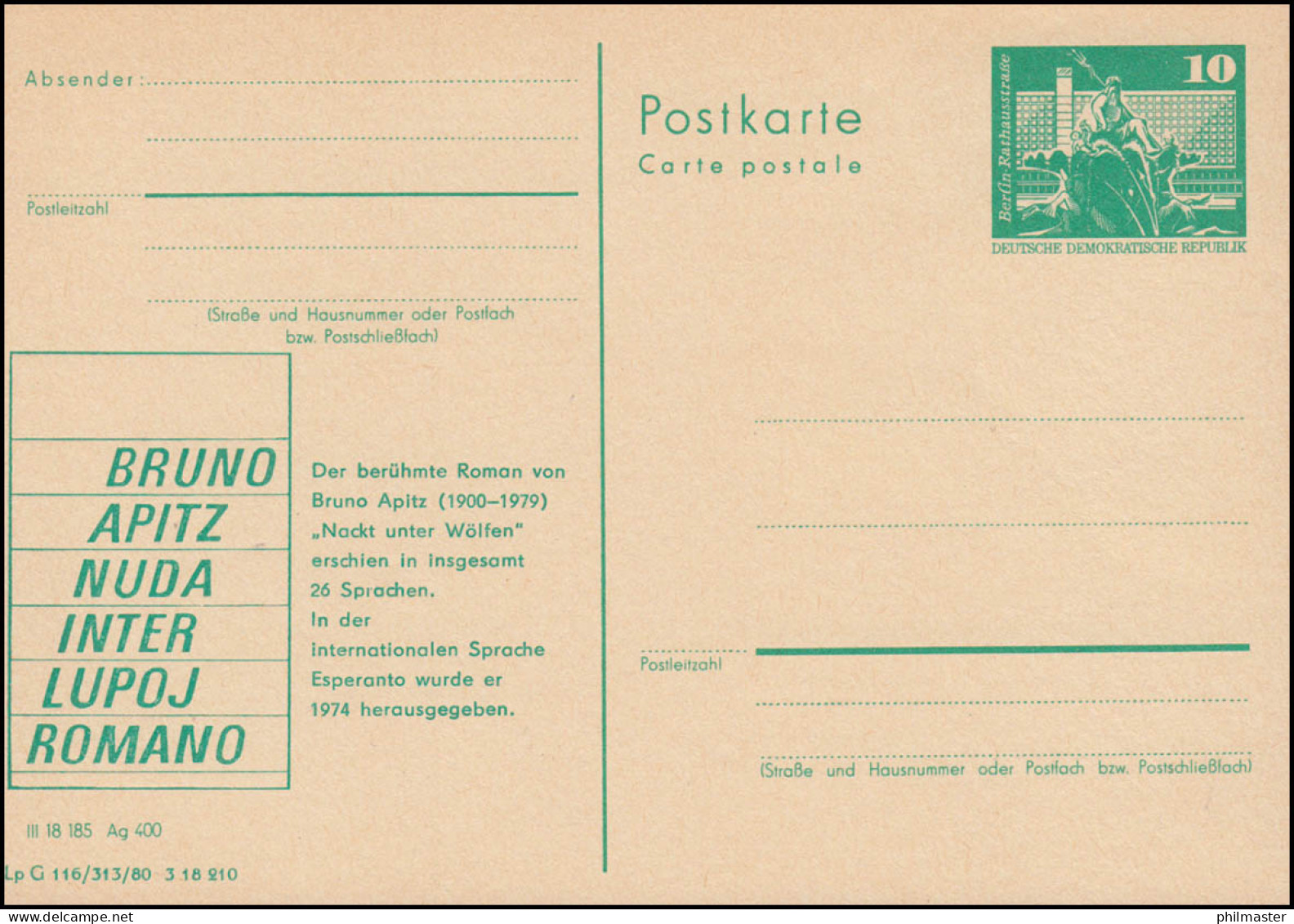 DDR P 79 Bruno Apitz / Esperanto 1980, ** - Autres & Non Classés