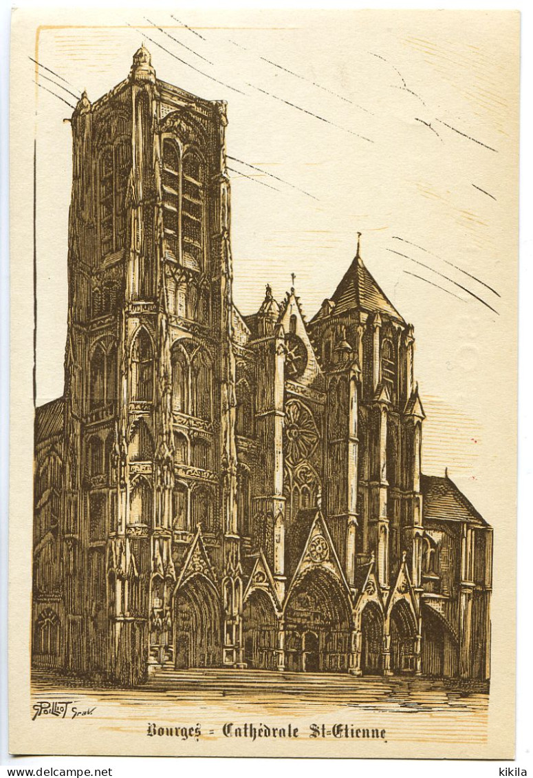 CPSM  10.5 X 15  Cher  BOURGES  Cathédrale Saint Etienne    Gravure G. Poilliot - Bourges