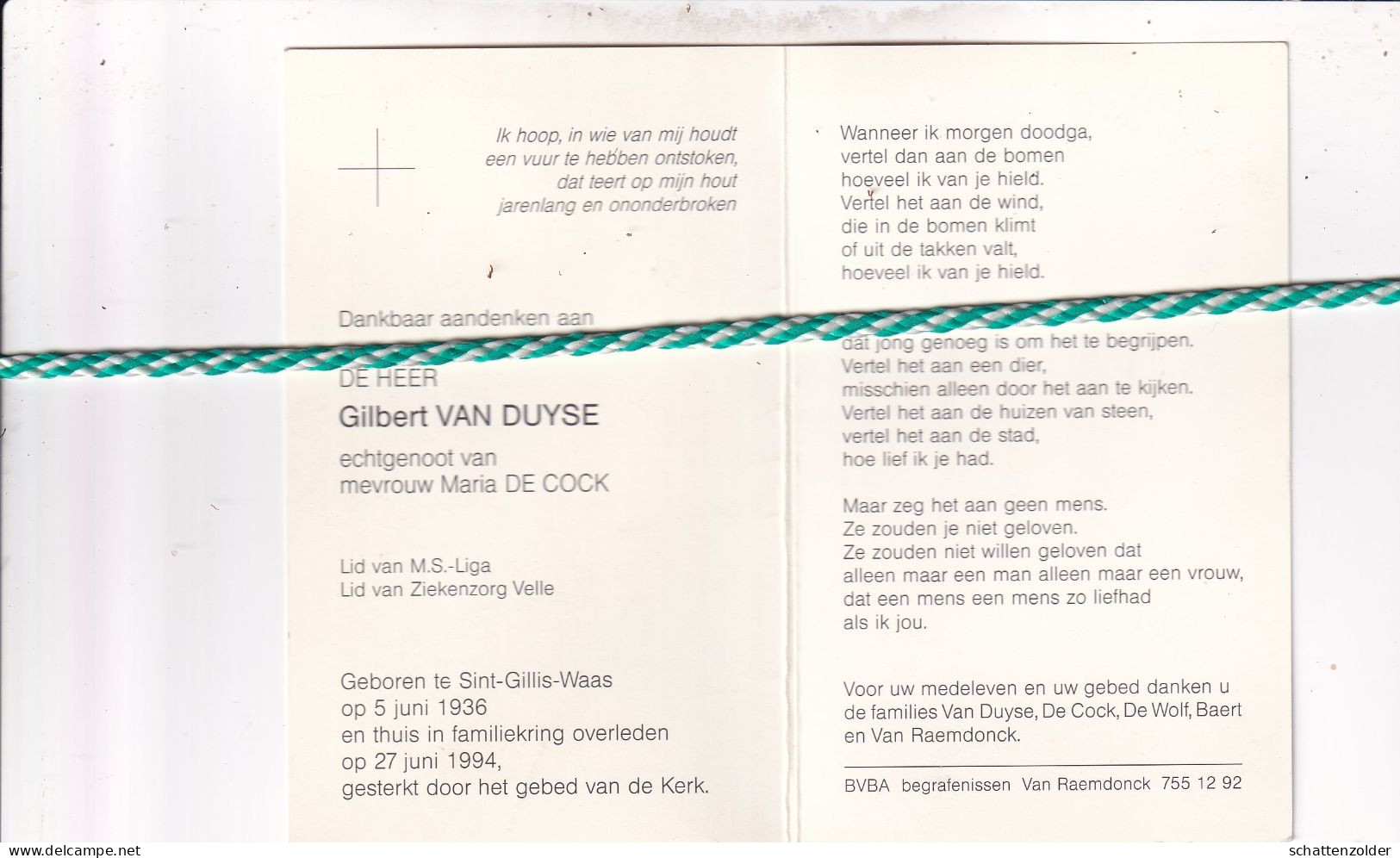 Gilbert Van Duyse-De Cock, Sint-Gillis-Waas 1936, 1994. Foto - Décès