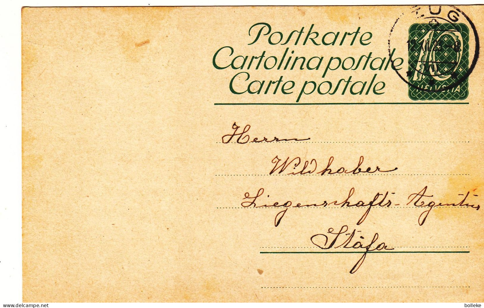 Suisse - Carte Postale De 1923 - Entier Postal - Oblit Zug - Exp Vers Stäfa - - Brieven En Documenten