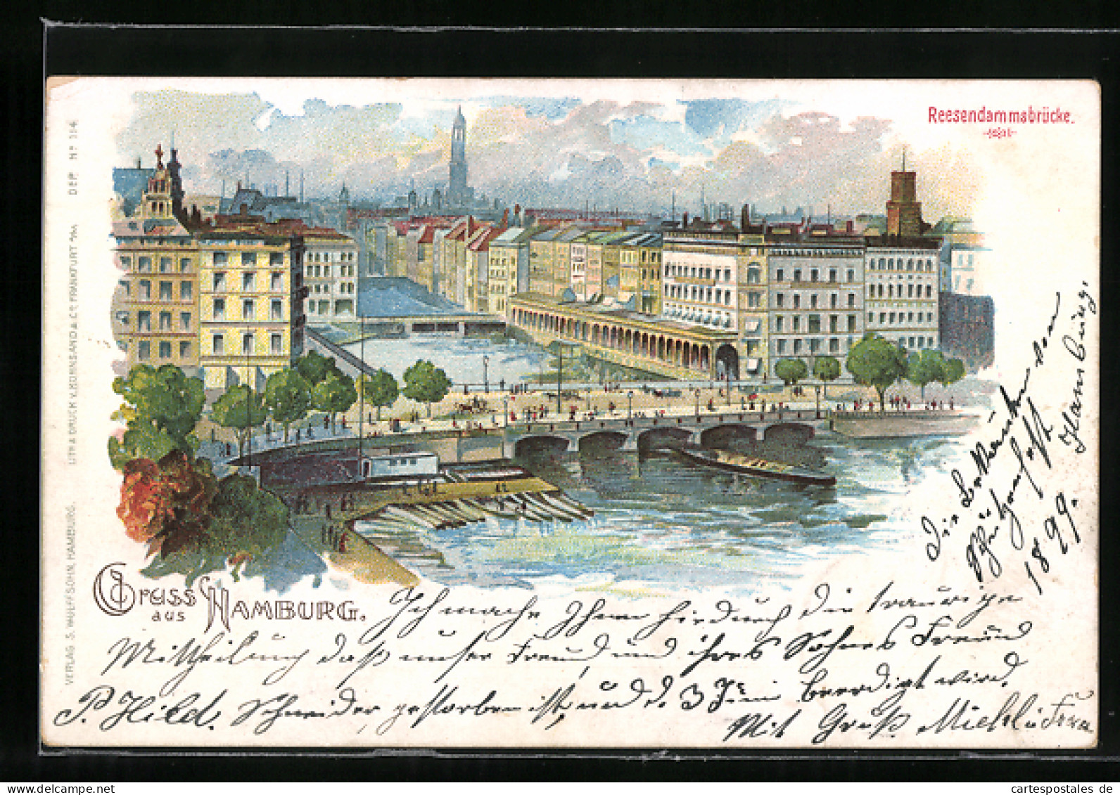 Lithographie Hamburg, Reesendammsbrücke Aus Der Vogelschau  - Mitte