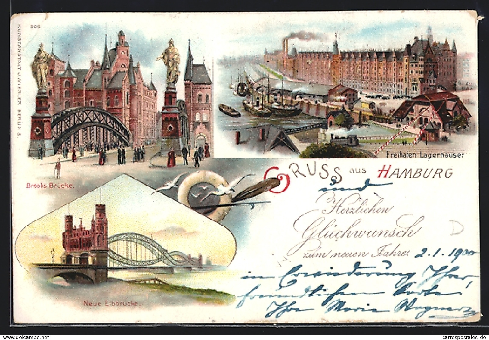 Lithographie Hamburg, Brooksbrücke, Freihafen-Lagerhäuser, Neue Elbbrücke  - Mitte