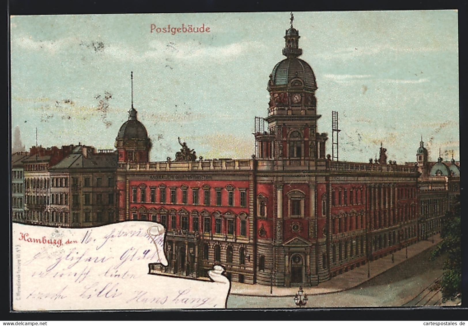 Lithographie Hamburg-Neustadt, Postgebäude  - Mitte