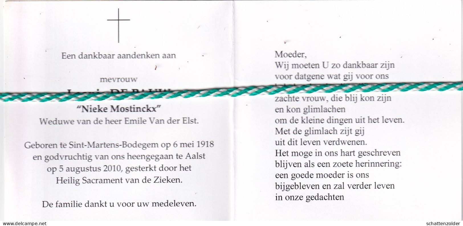 Leonie De Pauw (Nieke Mostinckx)-Van Der Elst, Sint-Martens-Bodegem 1918, Aalst 2010. Foto - Décès