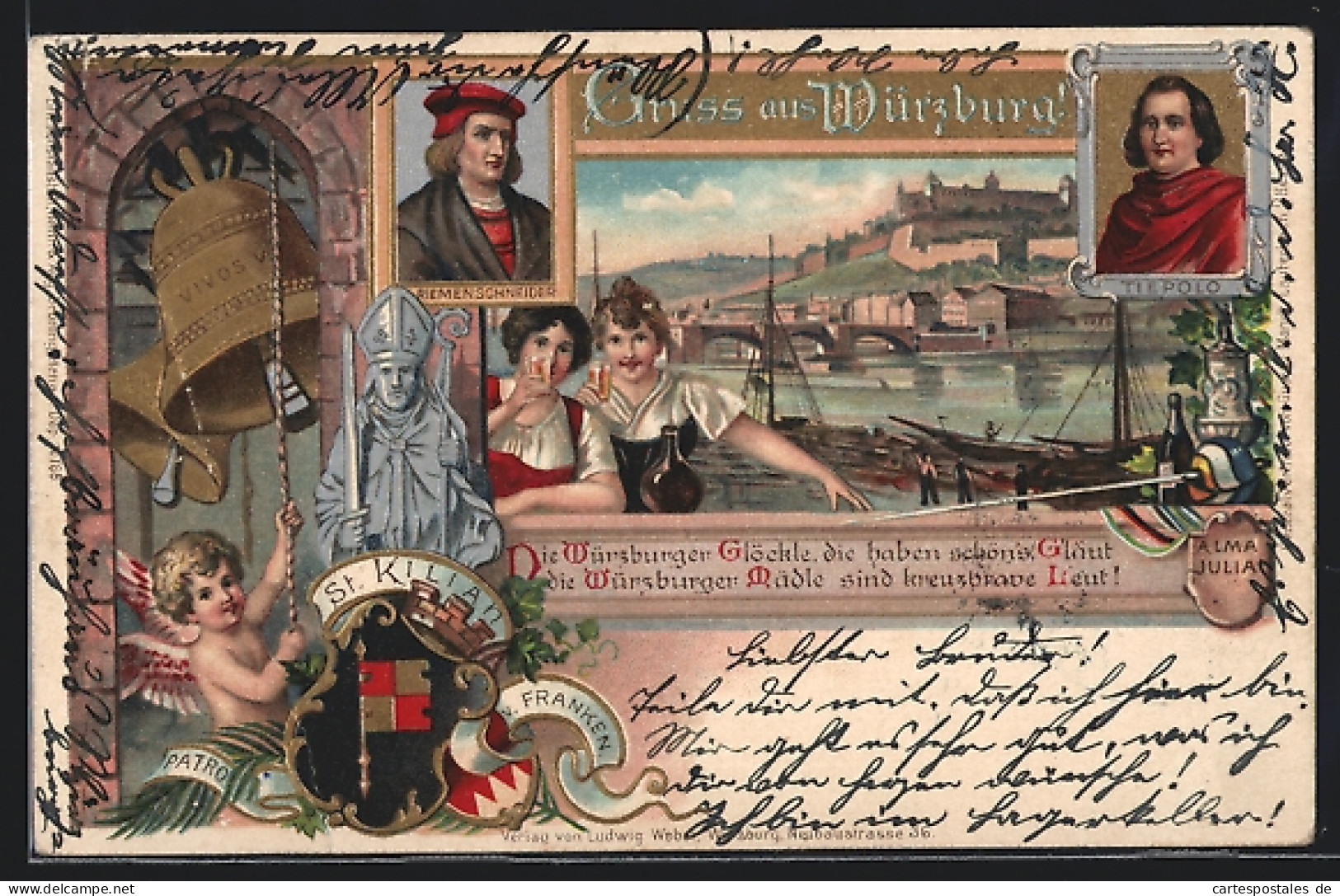 Lithographie Würzburg, Stadtansicht Mit Schloss, Tiepolo, Riemenschneider, Wappen, St. Kilian, Engel Mit Glocke  - Würzburg