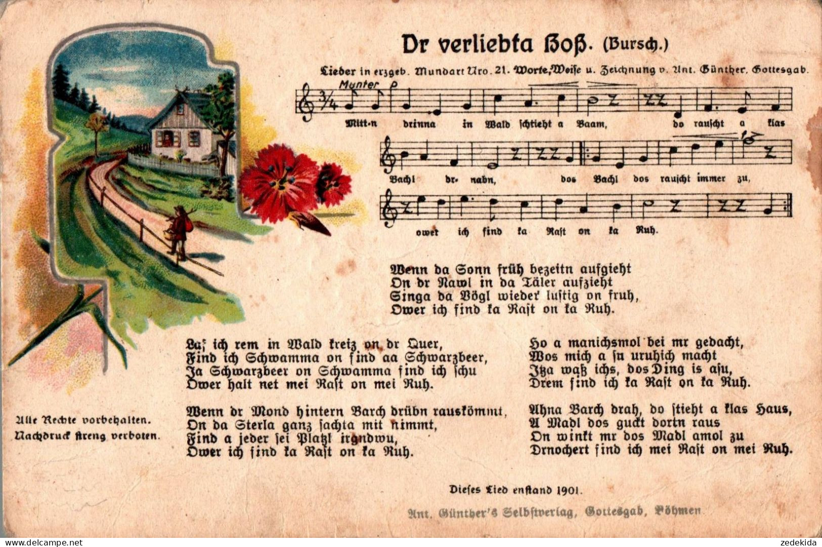 H2211 - Litho Anton Günther Liedkarte - Dr Verliebta Bob .... Erzgebirgisches Volkslied - Sehr Gebraucht !!! - Musica