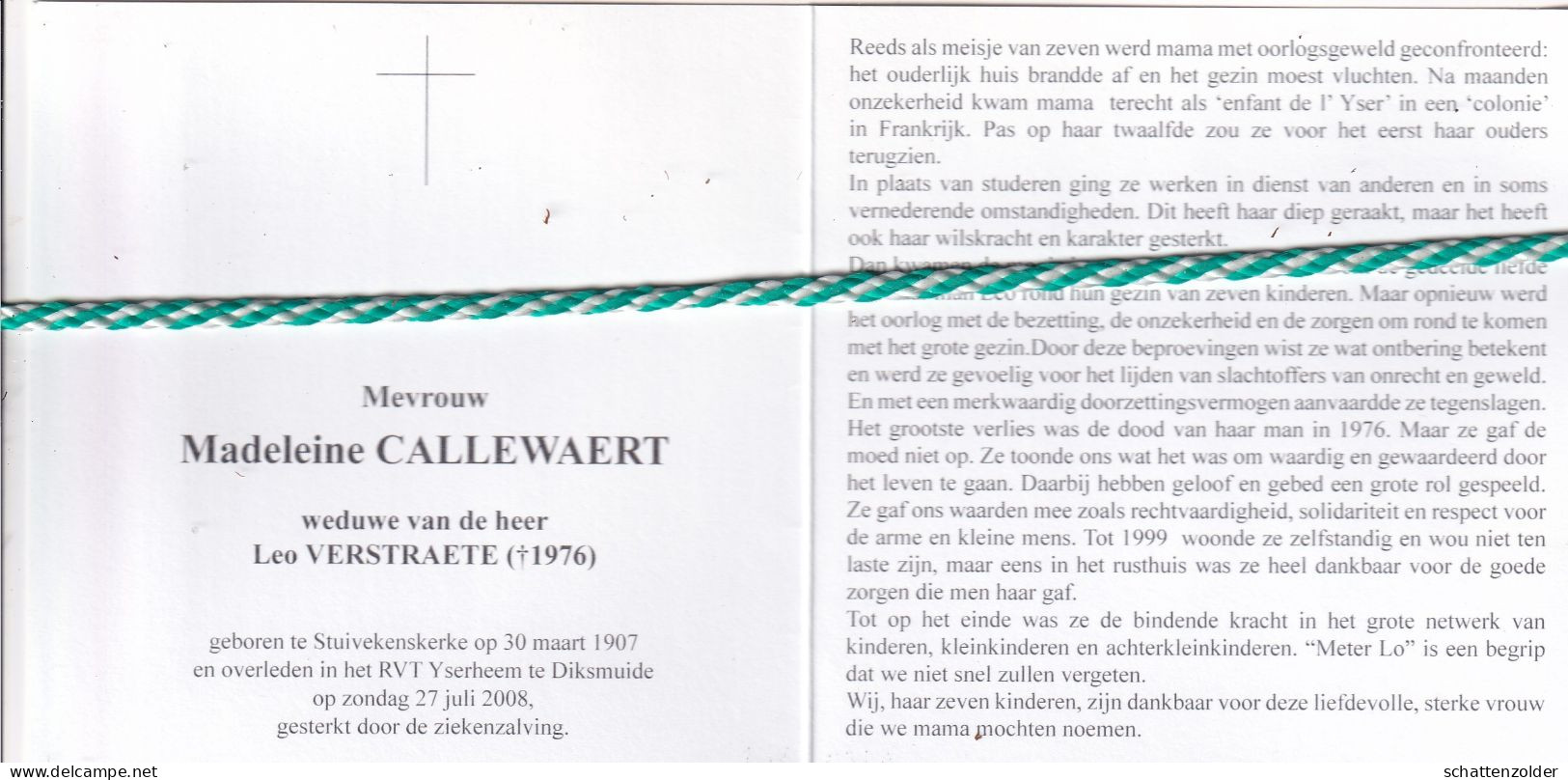 Madeleine Callewaert-Verstraete, Stuivekenskerke 1907, Diksmuide 2008. Honderdjarige; Schilderij Bert Verstraete - Obituary Notices