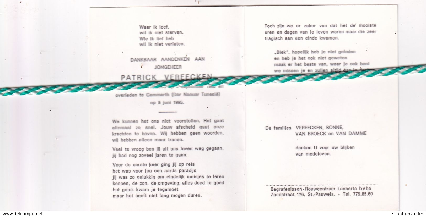 Patrick Vereecken, Sint-Niklaas 1960, Gammarth (Tunesië) 1995. Foto - Obituary Notices