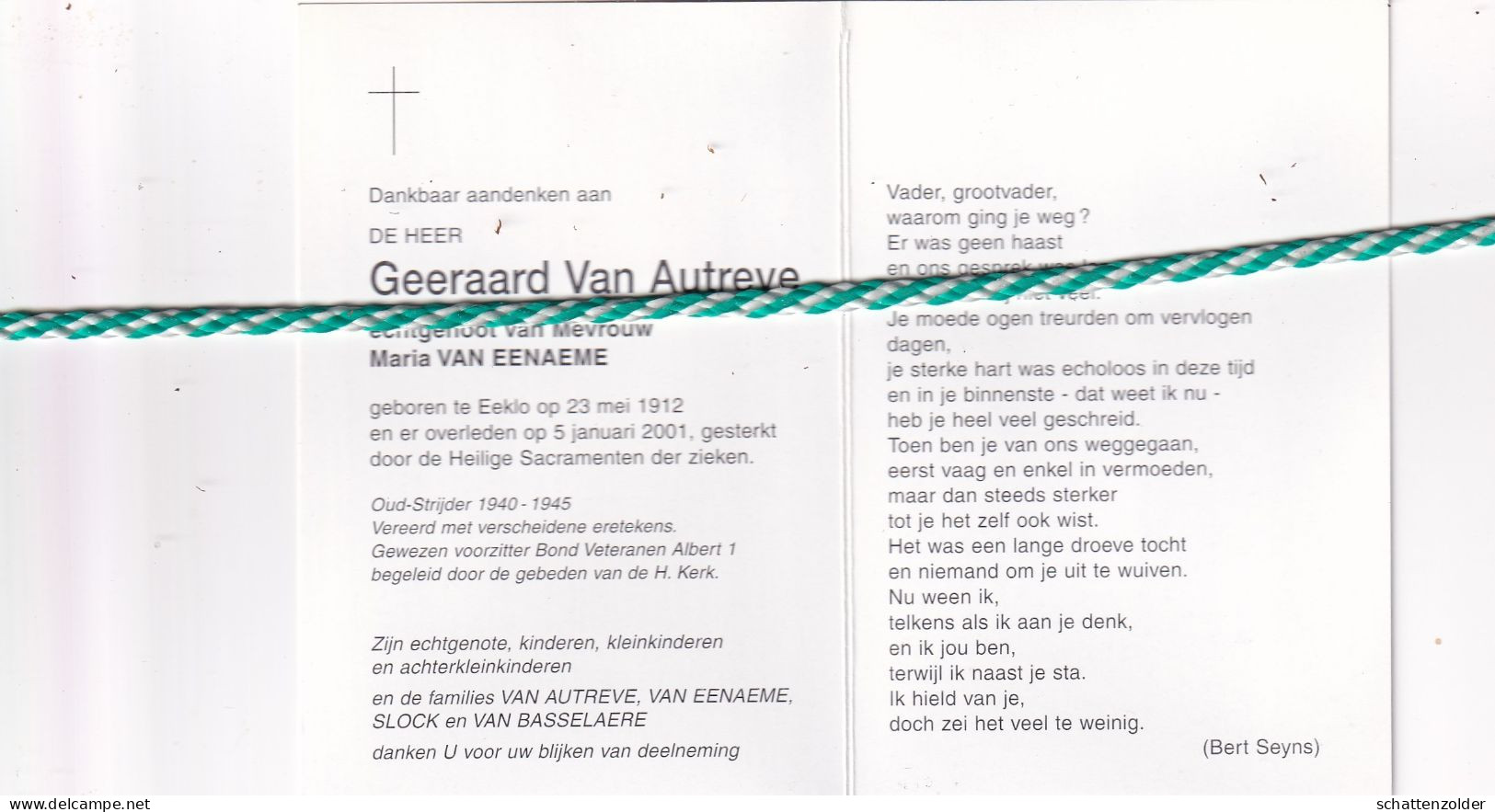 Geeraard Van Autreve-Van Eenaeme, Eeklo 1912, 2001. Oud-strijder 40-45; Foto - Décès