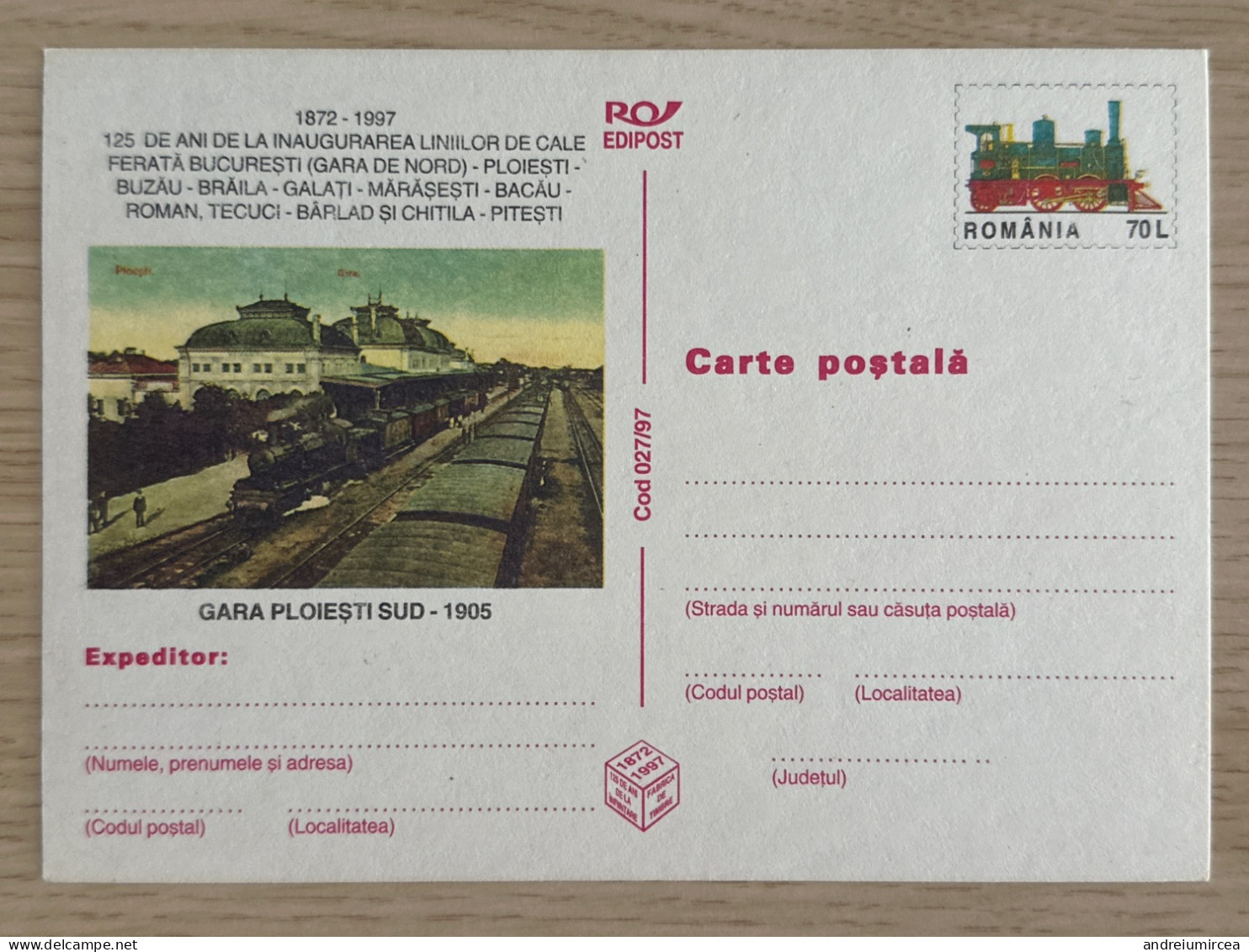 Cod 027/97 GARA PLOIESTI SUD 1905 - Enteros Postales