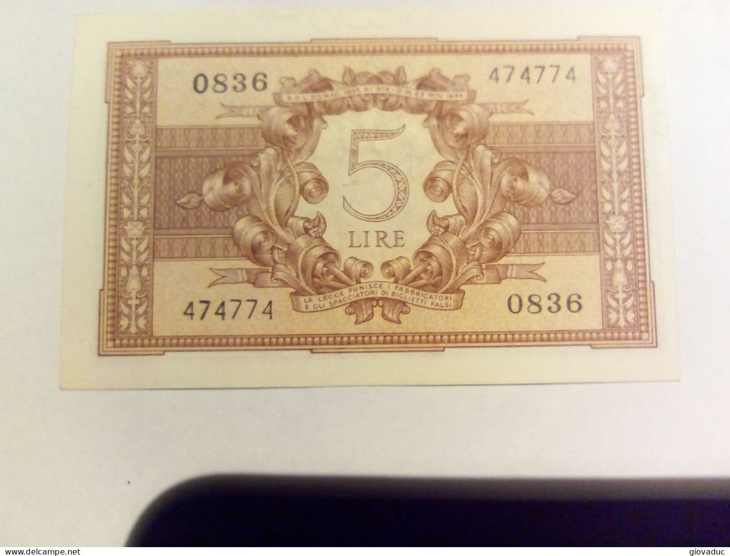 Banconota 5 Lire Luogotenenza Regno D'Italia 1944 - Autres - Europe