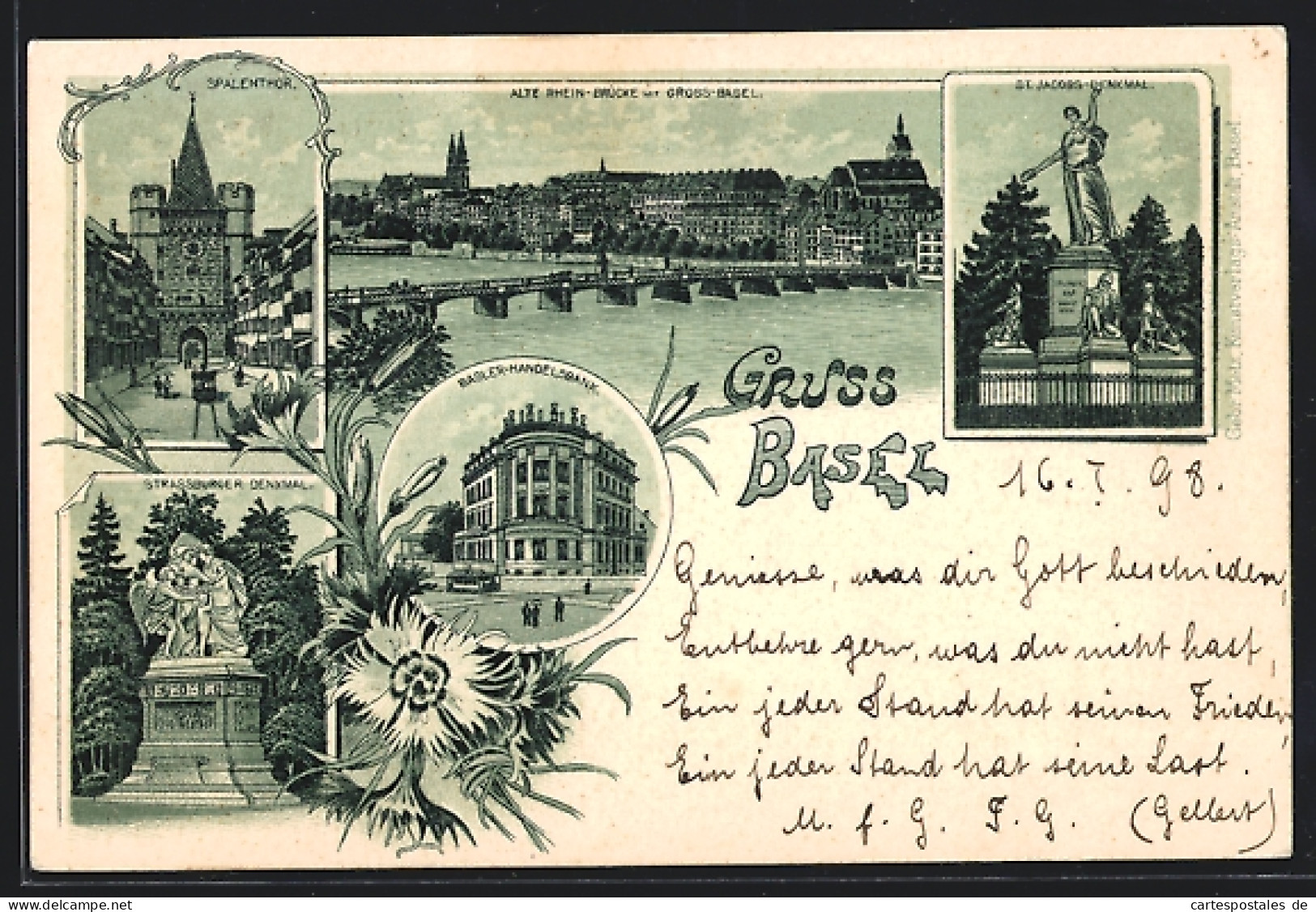 Lithographie Basel, Strassburger Denkmal, Spalentor, Basler Handelsbank  - Bâle