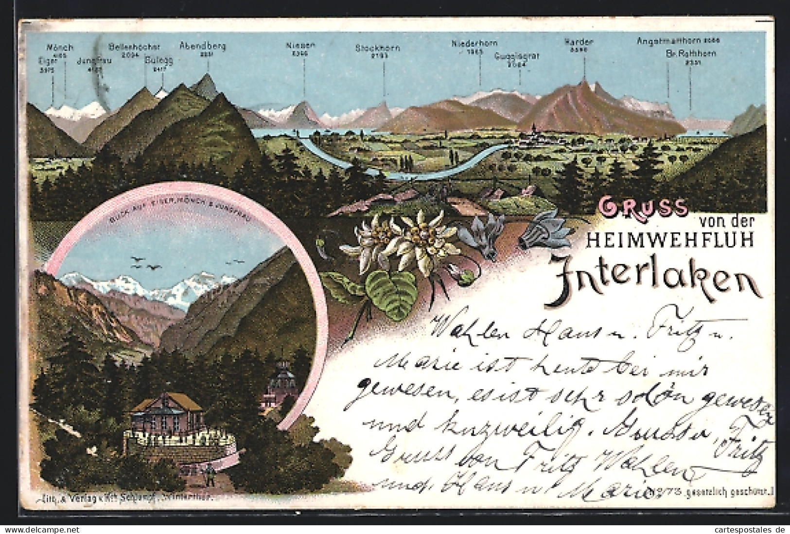 Lithographie Interlaken, Gasthaus Heimwehfluh Mit Mönch Und Eiger, Bergpanorama  - Interlaken