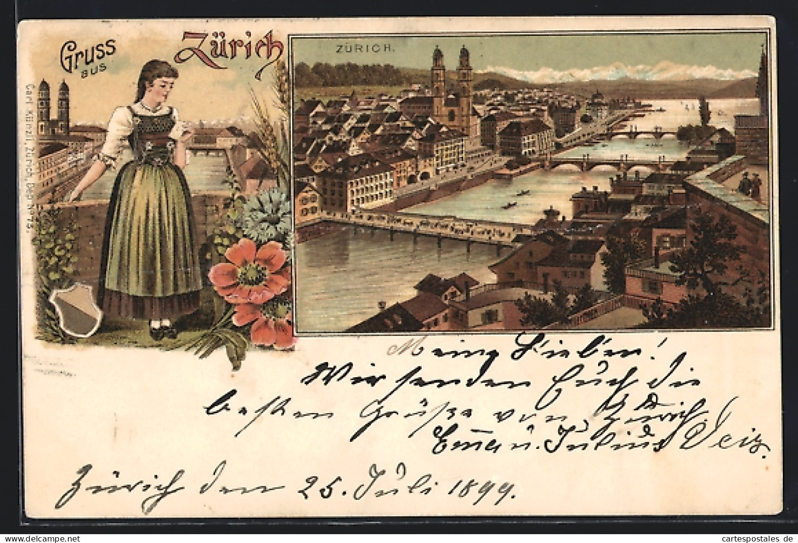 Lithographie Zürich, Teilansicht Mit Brücke  - Other & Unclassified