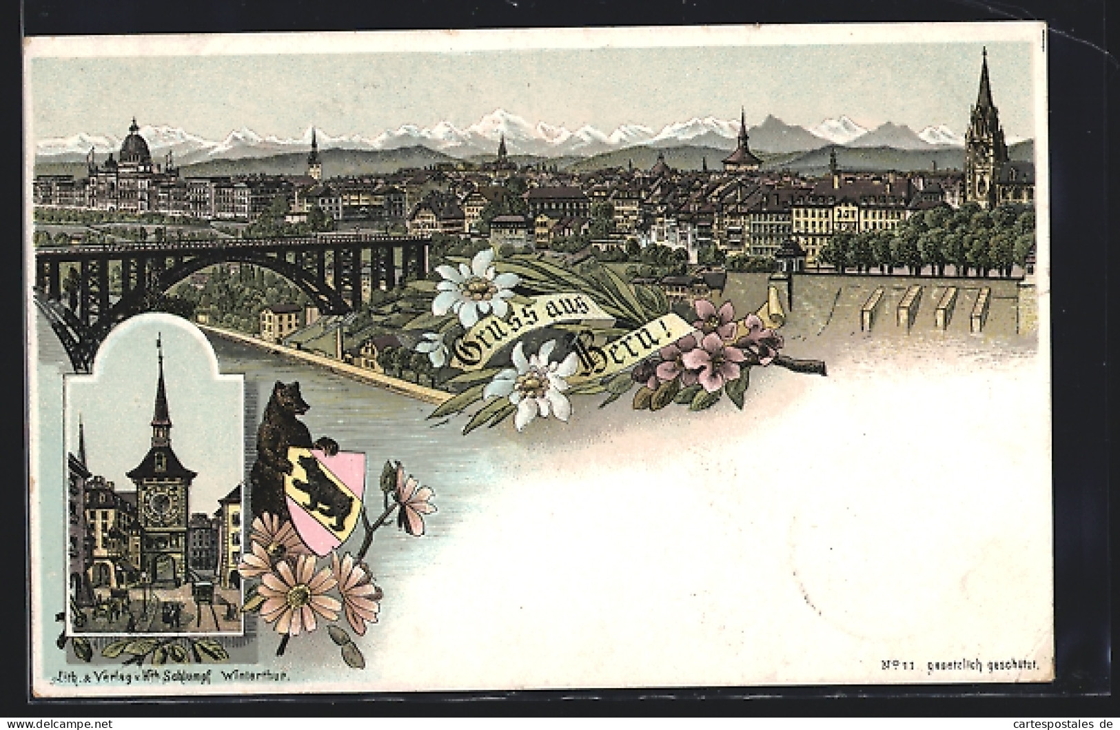 Lithographie Bern, Ortsansicht Mit Brücke Und Bergpanorama, Wappen  - Berna