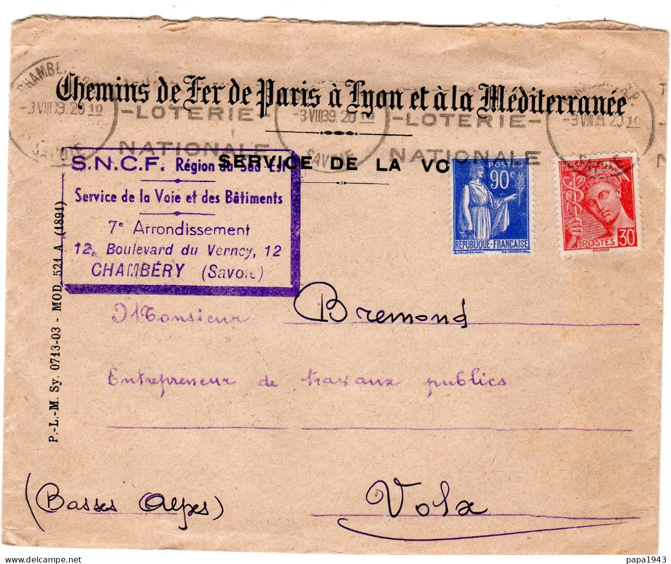 1938  "  CHEMINS DE FER De PARIS à LYON "  Gare De CHAMBERY  T P Type Paix 90c + Mercure 30c - Covers & Documents