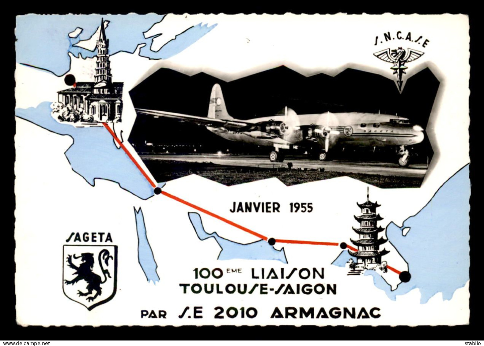 AVIATION - JANVIER 1955 - 100E LIASON TOULOUSE-SAIGON PAR LE S.E. 2010 ARMAGNAC - CARTE COMMEMORATIVE PHILATHELIQUE - 1946-....: Era Moderna