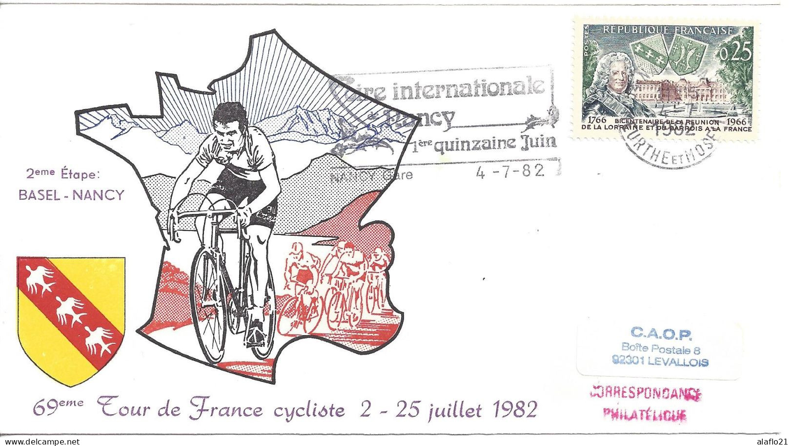 ENVELOPPE OFFICIELLE TOUR De FRANCE CYCLISTE 1982 - 2e ETAPE - BASEL - NANCY - Cachets Commémoratifs