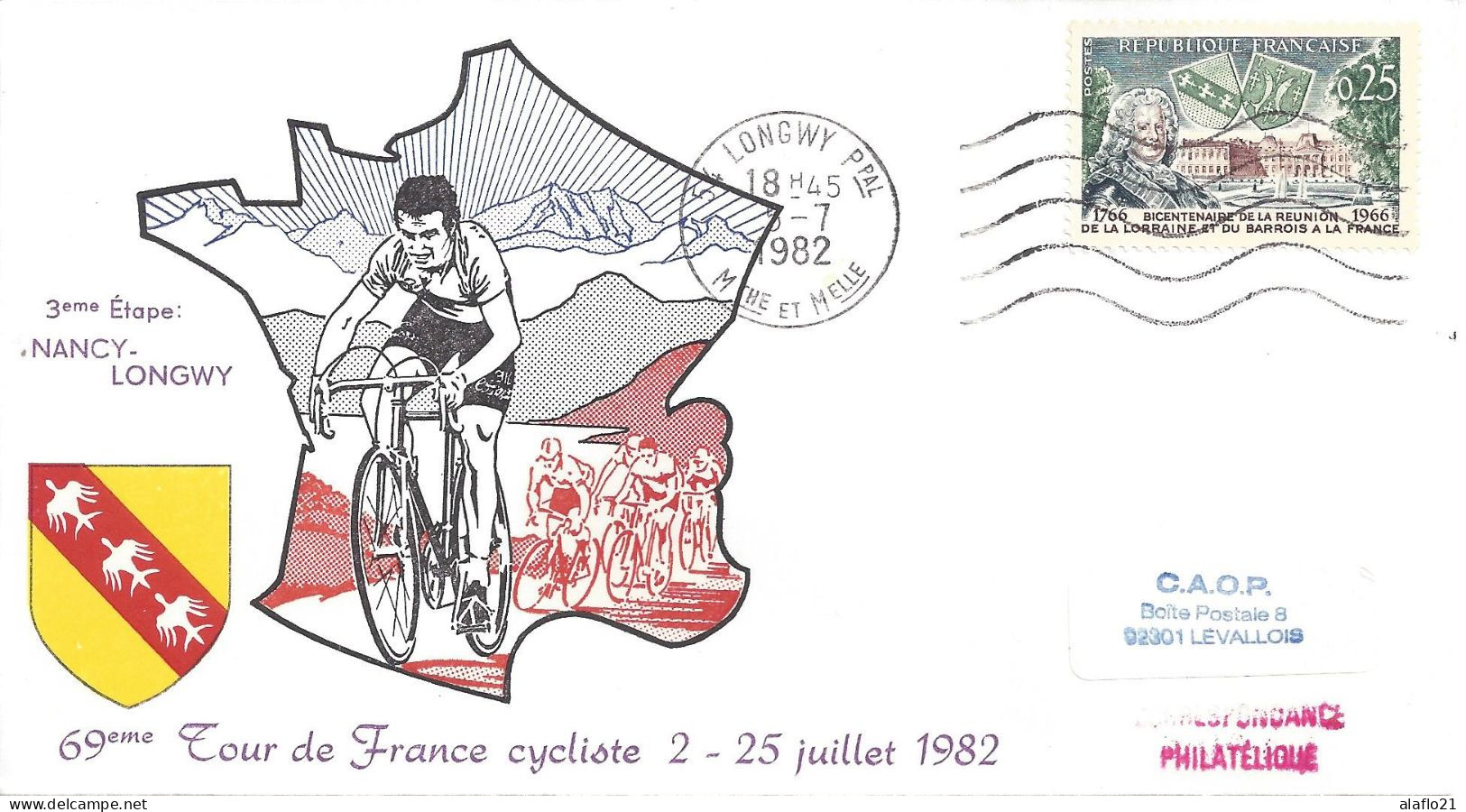 ENVELOPPE OFFICIELLE TOUR De FRANCE CYCLISTE 1982 - 3e ETAPE - NANCY - LONGWY - Cachets Commémoratifs