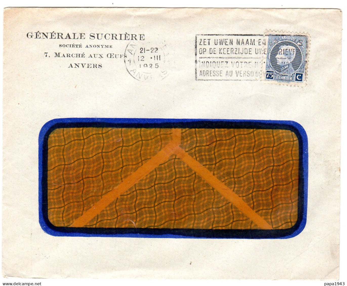 1925  "  GENERALE SUCRIERE   7 Marché Aux Oeufs à ANVERS " - Covers & Documents