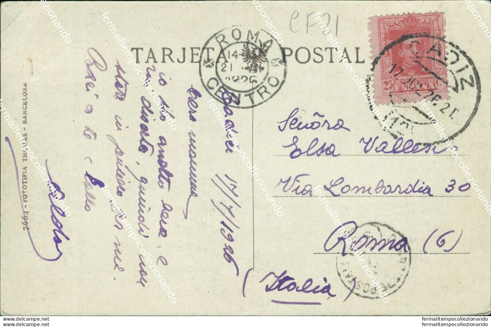 Cf21 Cartolina Cadiz Paseo Canalejas 1926  Spain Spagna Espana - Other & Unclassified