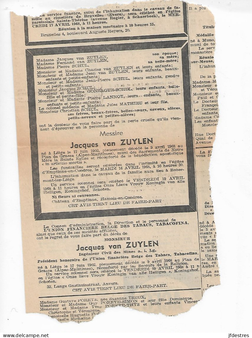 FP Nécrologies Jacques Van Zuylen Plan De Grasses (France) 1968 Tabacofina - Obituary Notices