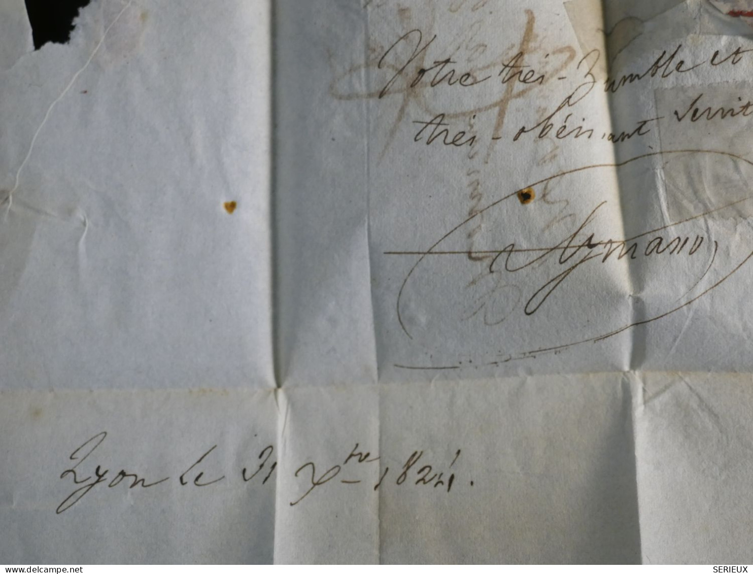 DO12  FRANCE   BELLE LETTRE  1824  LYON A NOGARO +CACHET  ROUGE + + AFF. INTERESSANT+++ - 1801-1848: Precursors XIX