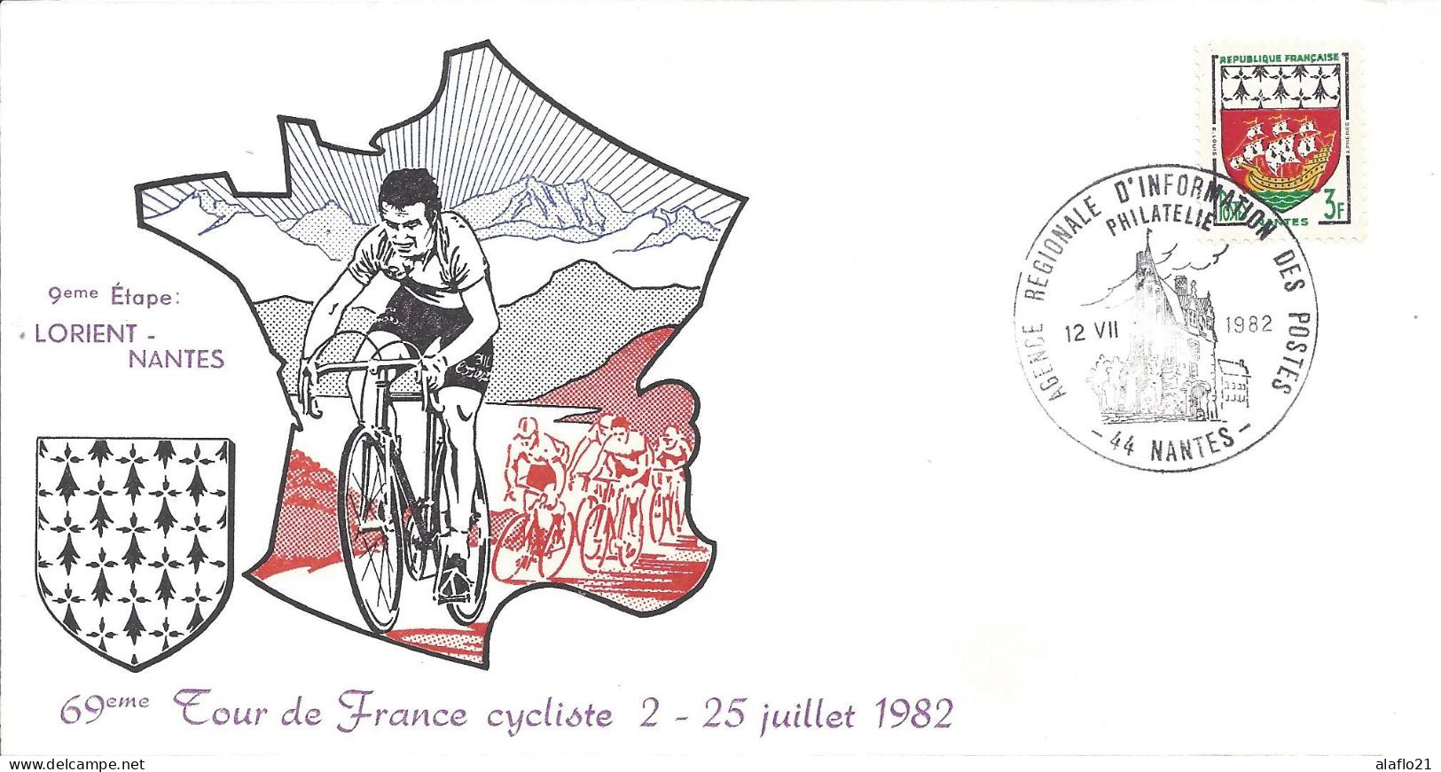 ENVELOPPE OFFICIELLE TOUR De FRANCE CYCLISTE 1982 - 9e ETAPE - LORIENT NANTES - Gedenkstempel