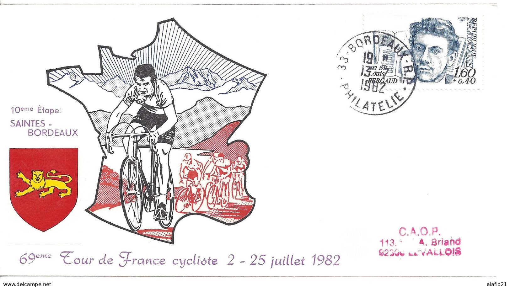 ENVELOPPE OFFICIELLE TOUR De FRANCE CYCLISTE 1982 - 10e ETAPE - SAINTES BORDEAUX - Cachets Commémoratifs