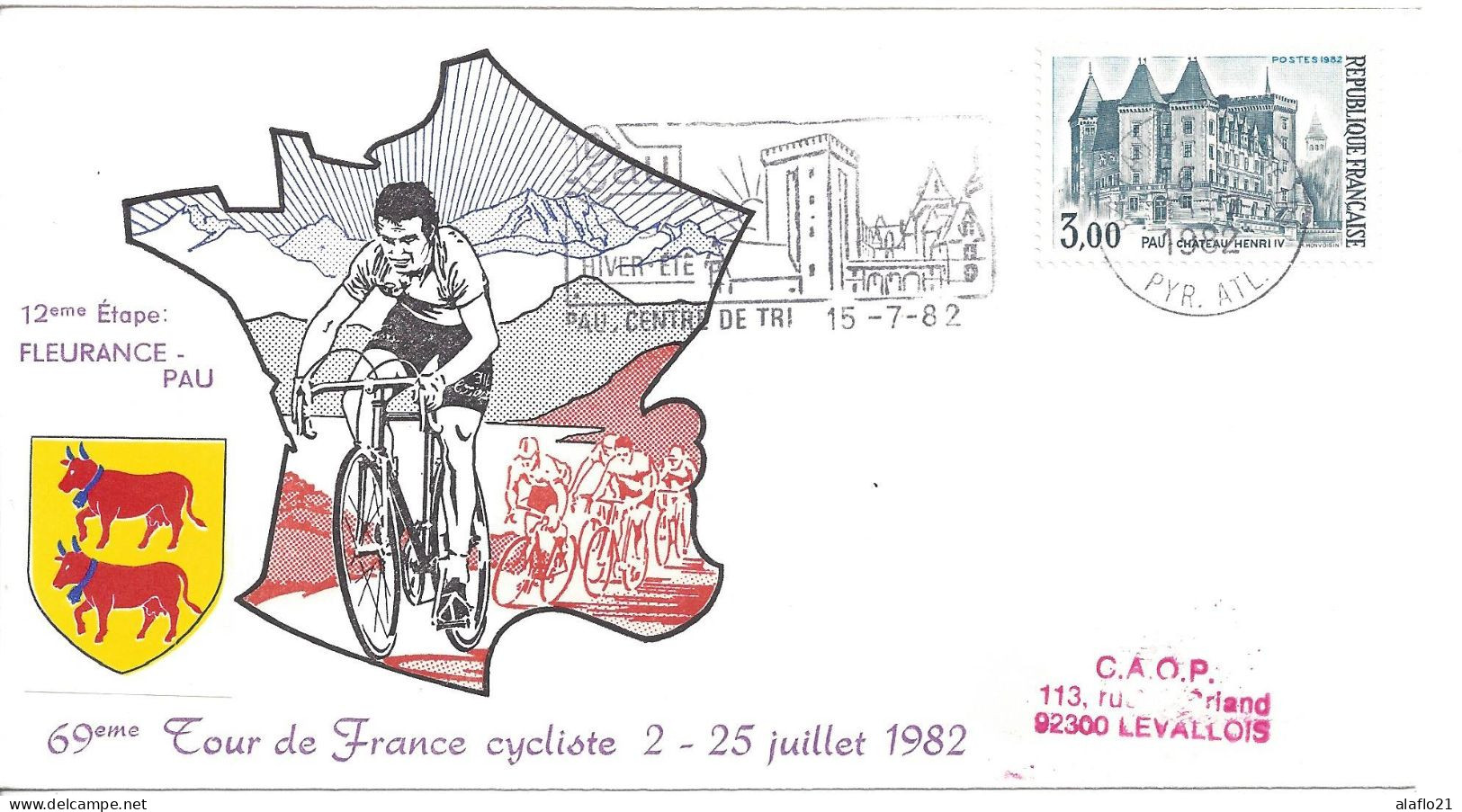 ENVELOPPE OFFICIELLE TOUR De FRANCE CYCLISTE 1982 - 12e ETAPE - FLEURANCE PAU - Cachets Commémoratifs