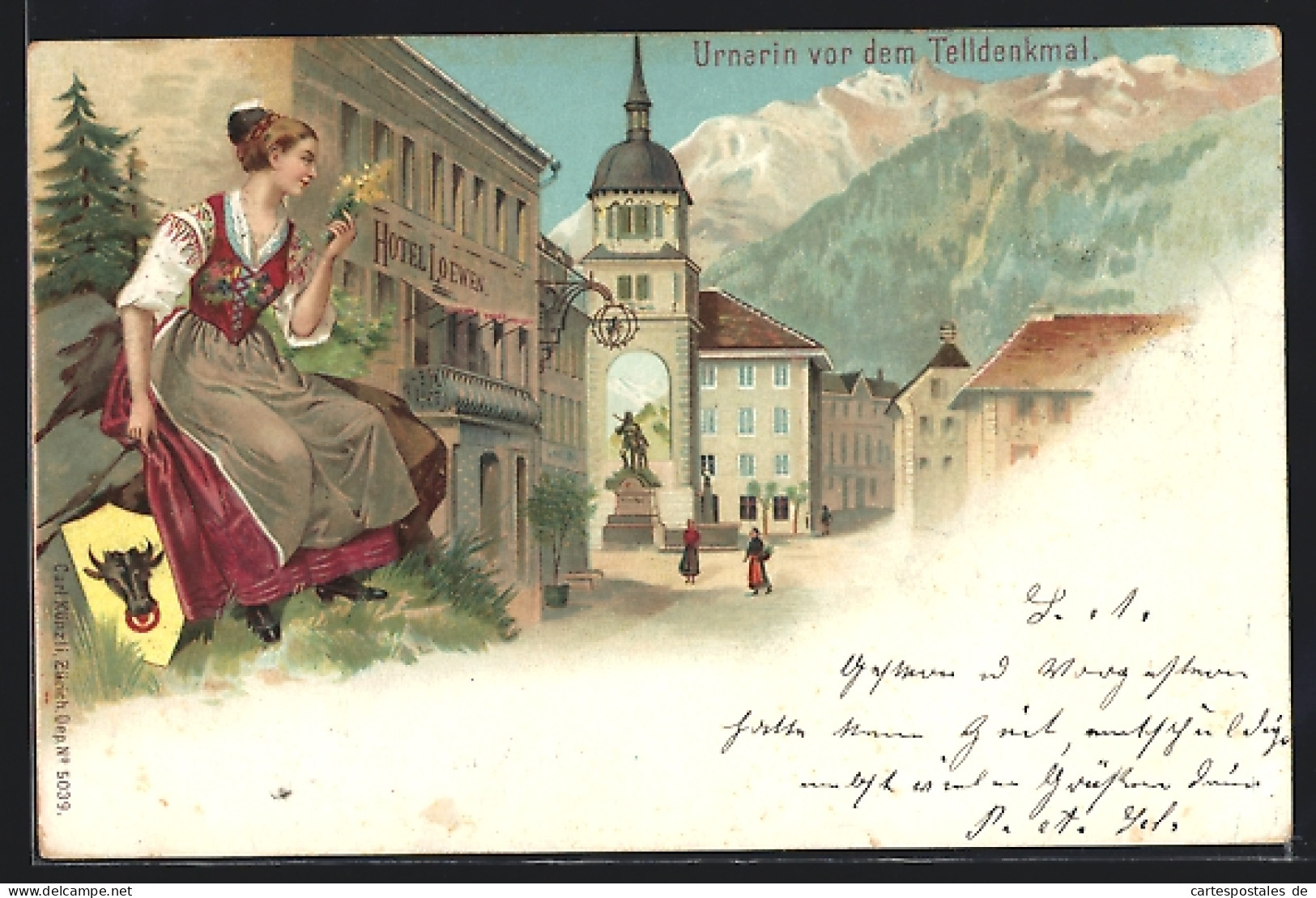 Lithographie Altdorf, Hotel Loewen, Urnerin Vor Dem Telldenkmal  - Altdorf