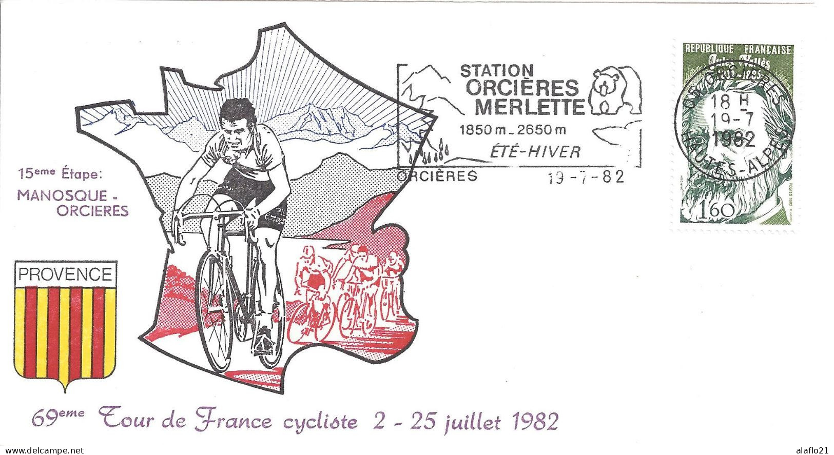 ENVELOPPE OFFICIELLE TOUR De FRANCE CYCLISTE 1982 - 15e ETAPE MANOSQUE ORCIERES - Cachets Commémoratifs