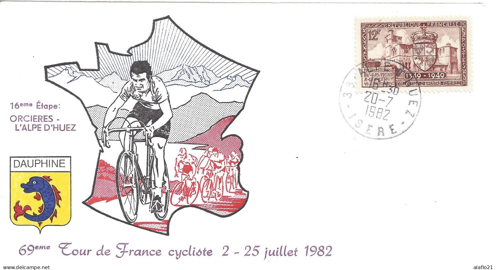 ENVELOPPE OFFICIELLE TOUR De FRANCE CYCLISTE 1982 16e ETAPE ORCIERES ALPE D'HUEZ - Cachets Commémoratifs