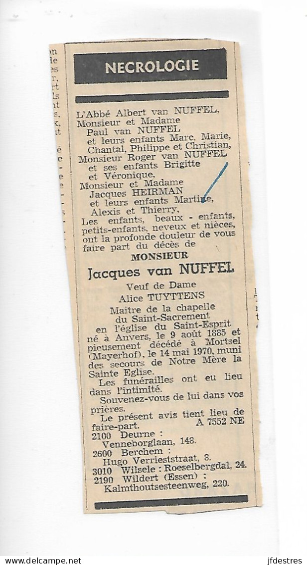 FP Nécrologie Jacques Van Nuffel Vf Alice Tuyttens Mortsel 1970 - Obituary Notices