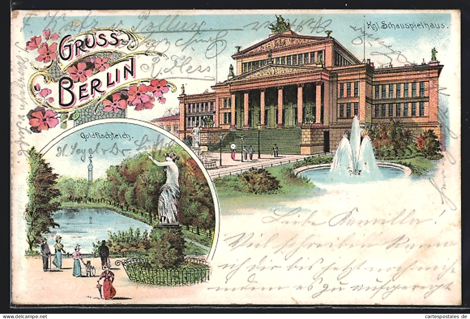 Lithographie Berlin, Königliches Schauspielhaus, Gendarmenmarkt, Goldfischteich  - Mitte