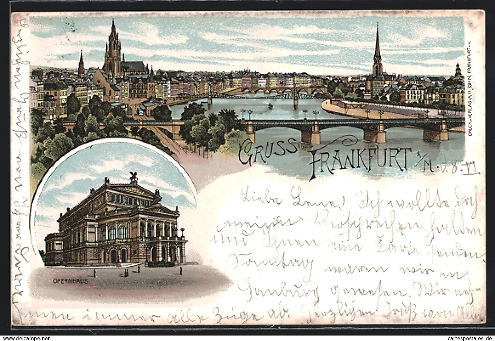 Lithographie Frankfurt A / M., Teilansicht Mit Brücke, Opernhaus  - Frankfurt A. Main