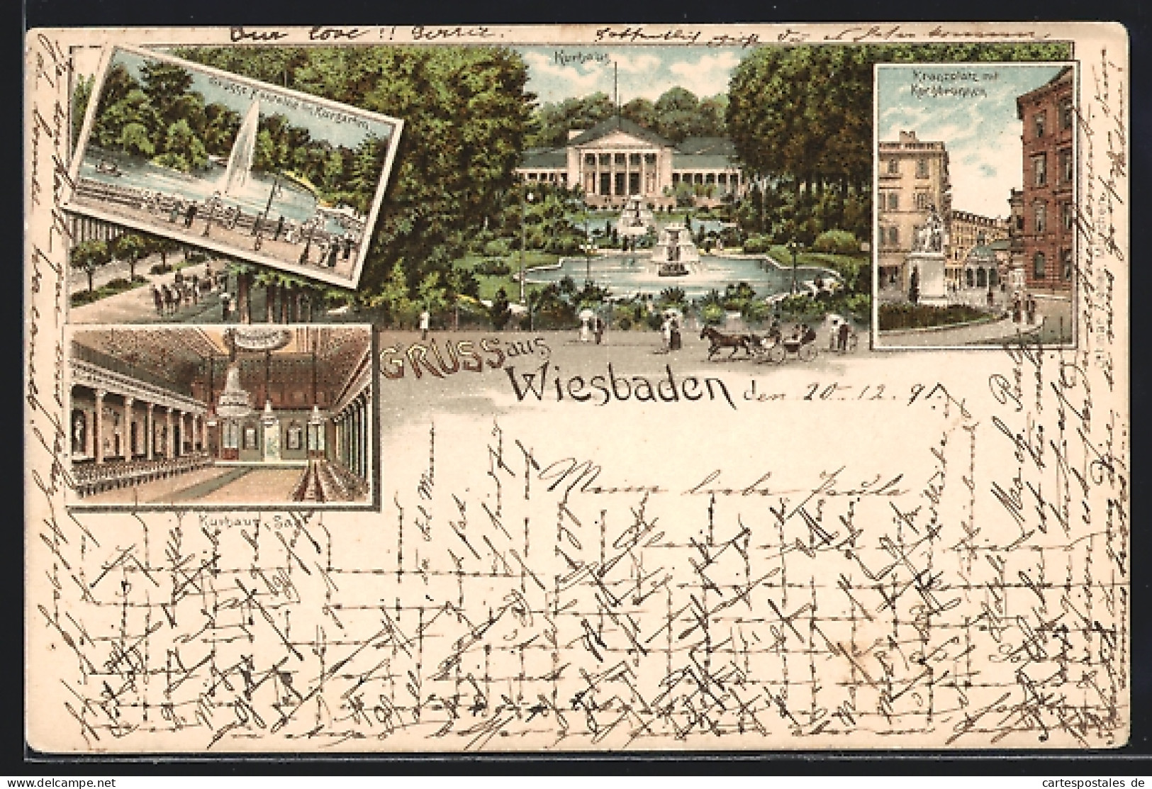 Vorläufer-Lithographie Wiesbaden, 1891, Kurhaus Und -garten, Kranzplatz, Kurhaus-Saal  - Wiesbaden