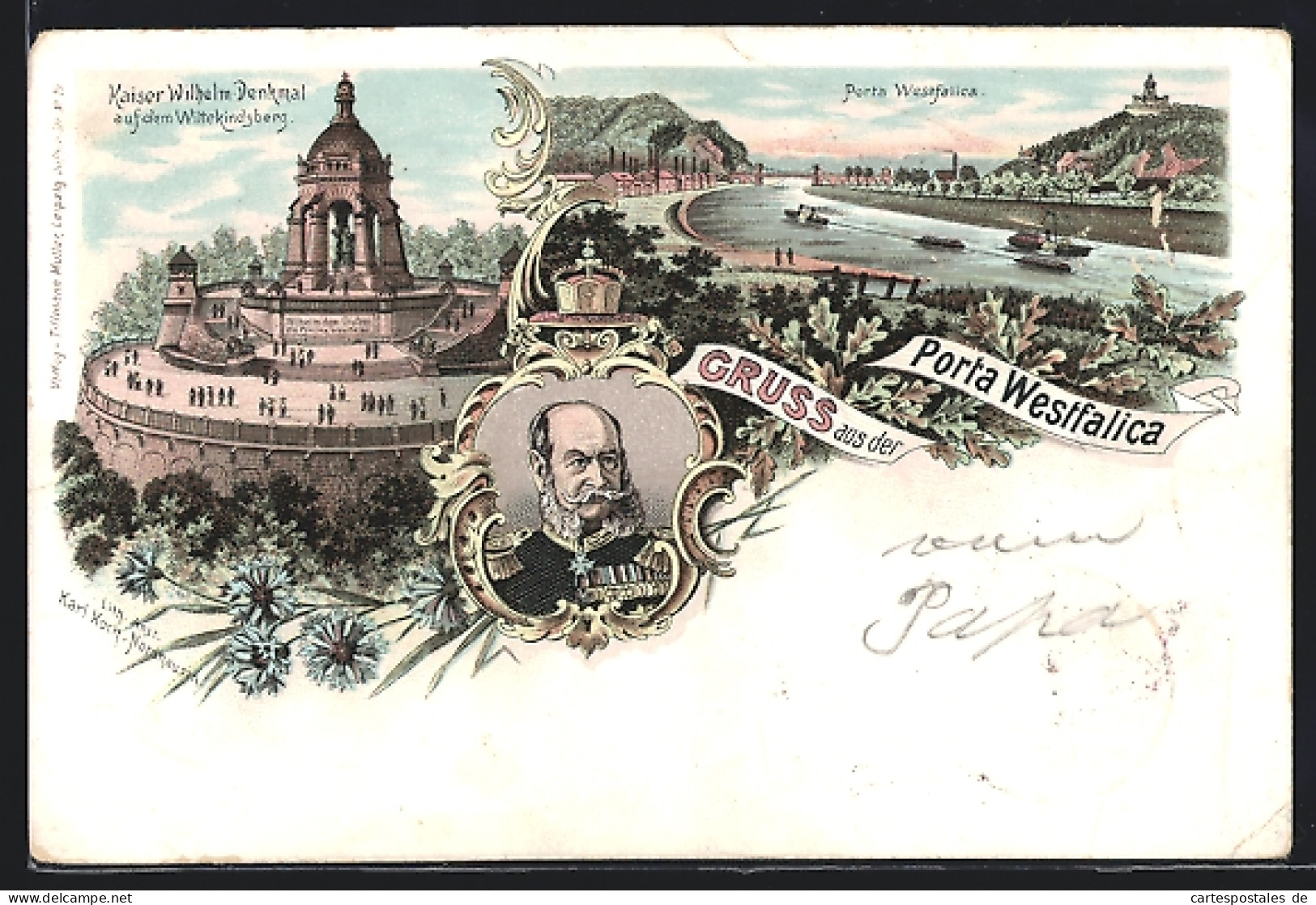 Lithographie Porta Westfalica, Kaiser-Wilhelm-Denkmal, Panorama, Portrait Kaiser Wilhelm I.  - Porta Westfalica