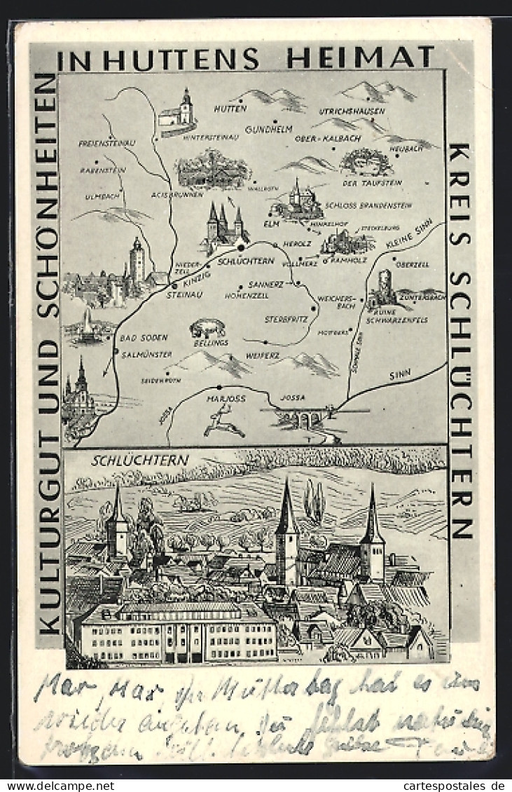 Künstler-AK Schlüchtern, Ortsansicht, In Huttens Heimat, Landkarte Schlüchtern Und Umgebung  - Schlüchtern