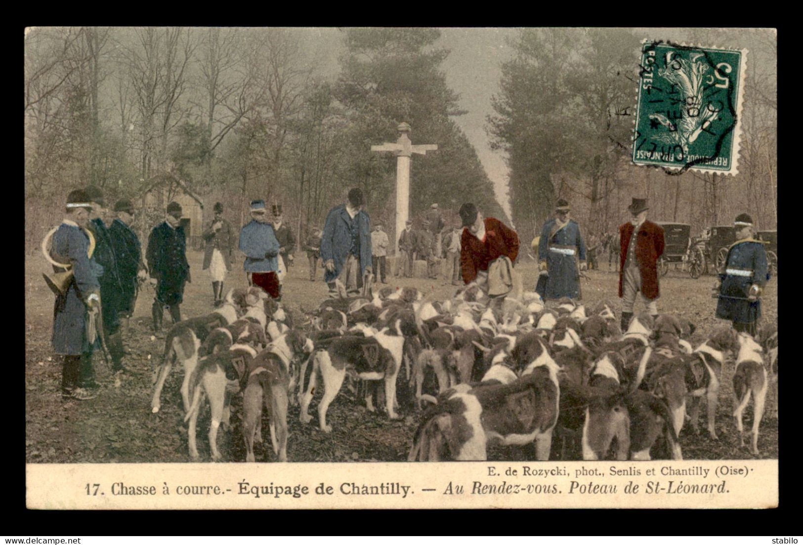 CHASSE - CHASSE A COURRE - EQUIPAGE DE CHANTILLY (OISE) - AU RENDEZ-VOUS POTEAU DE ST-LEONARD - CARTE COLORISEE - Jacht