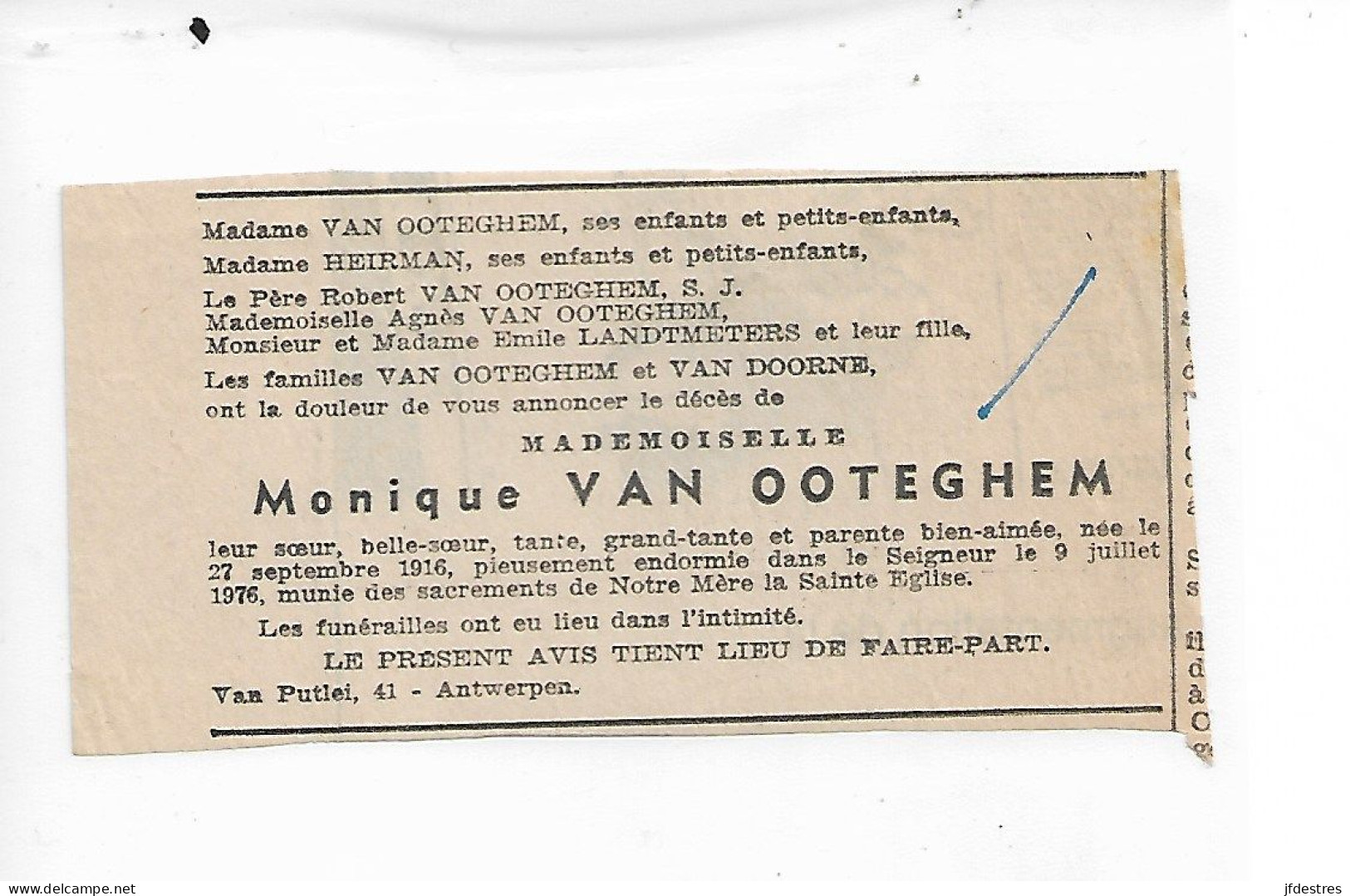 FP Nécrologie Monique Van Ooteghem Anvers 1978 - Obituary Notices