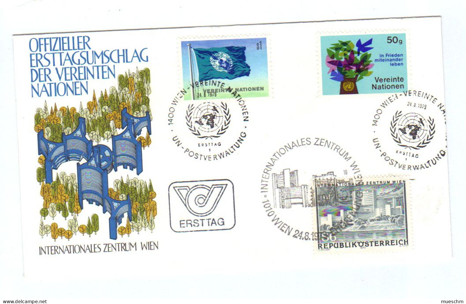 UNO Wien/Österreich, 1979, Offiz. Ersttagsumschlag Mit MiNr. 1+2; 2 Ersttagstempel + Österreich Ersttag MiNr.1617 (12362 - FDC