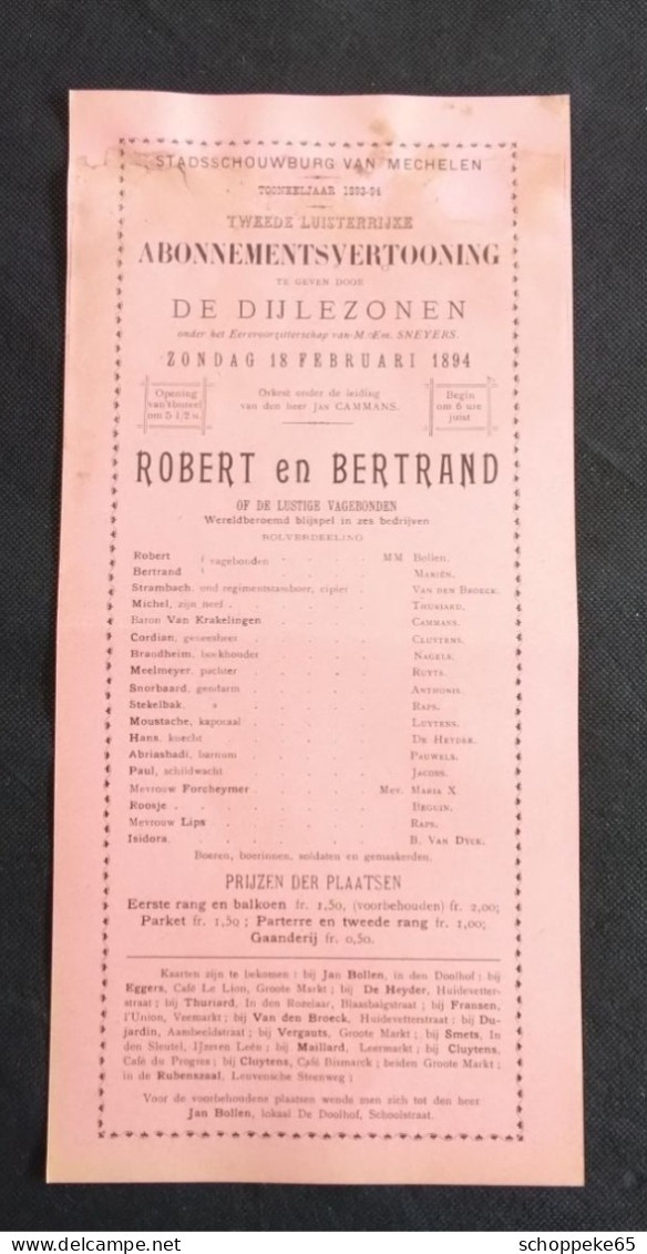 Reklame 1894 Toneel De Dijlezonen Mechelen Robert En Bertrand - Affiches