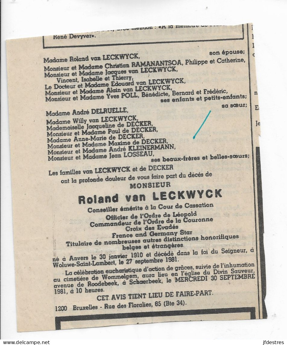 FP Nécrologie Roland Van Leckwyck Woluwe Saint Lambert 1981 - Obituary Notices